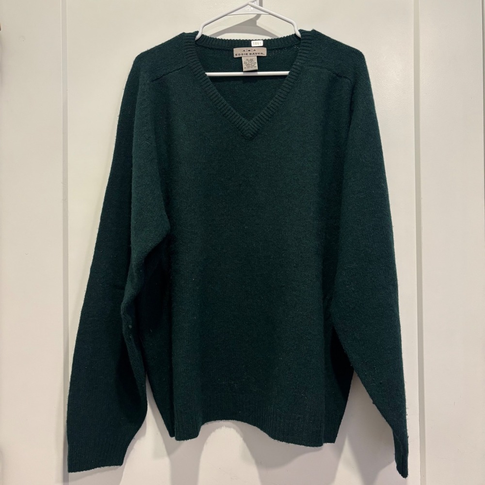 AKA Eddie Bauer Mens XL Forest Green 100% Wool V-Neck Knit Sweater WPL 9647